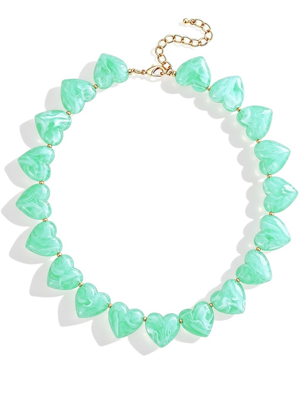 Mint Marbled Heart Bead Necklace with Gold Accents